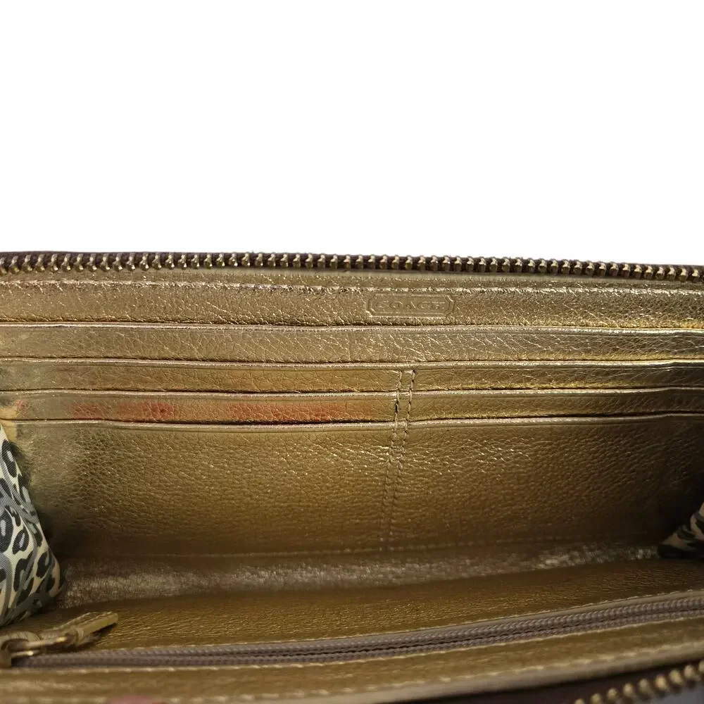 Coach Poppy Wallet Wristlet Gold Champagne Crinkle Leather Metallic Branded Zip